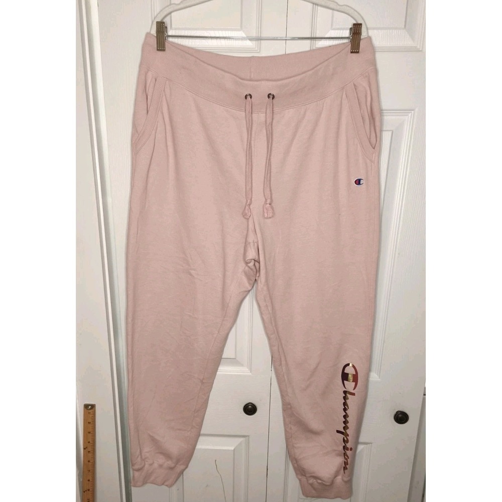 Champion Women's‎ Pink Jogger Sweatpants 2XL Fleece Logo Cuffed Pants Spellout